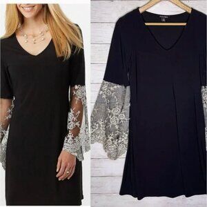Roz‎ & Ali Little Black Elegant Bell Sleeve Shift Dress Size 1X 16 Wedding Plus